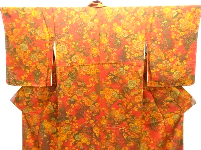  未使用品　縮緬地 枝梅に菊模様小紋着物